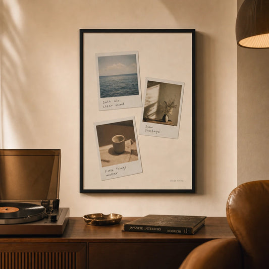 Vintage Polaroid 90s Poster — Three vintage 1990s Polaroid photos with handwritten captions, lifestyle in interior, Atelier Poster