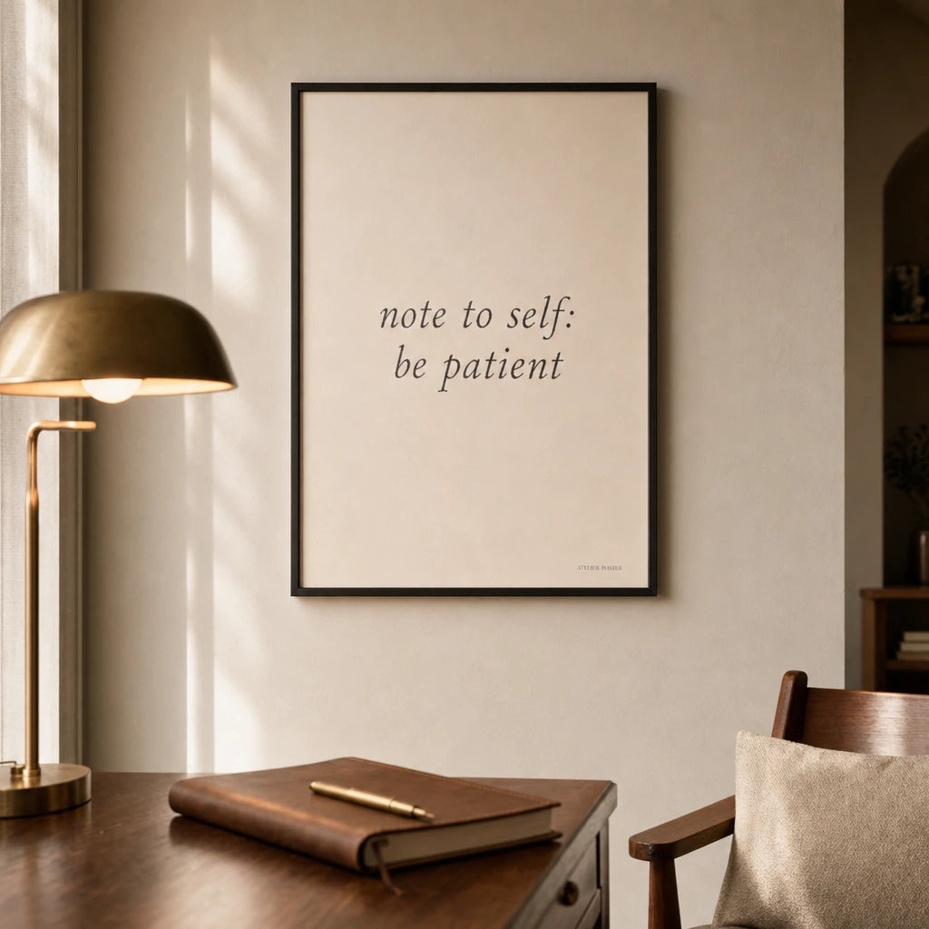 Note To Self Be Patient Poster — Two-line 'note to self be patient' diary-style italic, lifestyle in interior, Atelier Poster