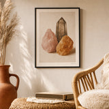 Bohemian Crystal Cluster Poster — Rose quartz smoky quartz citrine cluster in warm tones, lifestyle in interior, Atelier Poster