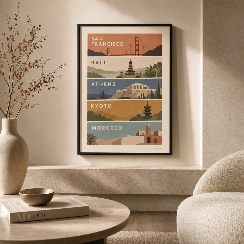 Stairwell Travel Ascending Gallery Poster — Five-print travel stairwell ascending vintage WPA gallery, lifestyle in interior, Atelier Poster