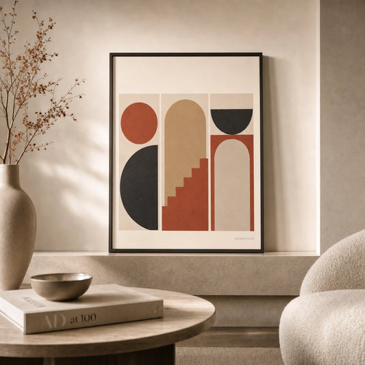 Geometric Trio Set Gallery Poster — Three coordinated geometric modernist shapes trio gallery, lifestyle in interior, Atelier Poster