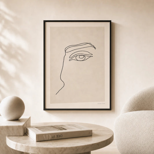 Single Eye Gaze Poster — Single-line human eye with suggestion of brow above, lifestyle in interior, Atelier Poster