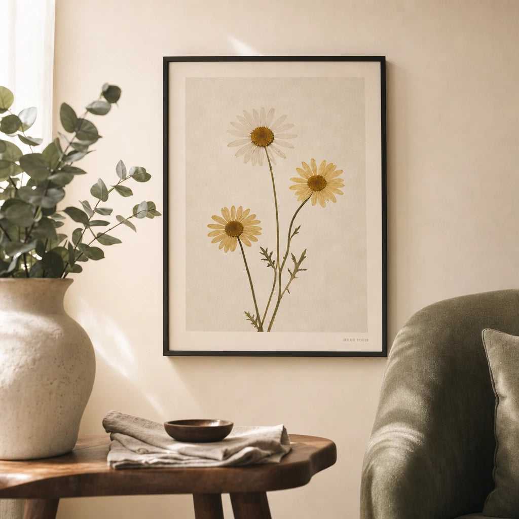 Pressed Daisy Trio Poster — Three pressed yellow daisies on cream linen background, lifestyle in interior, Atelier Poster