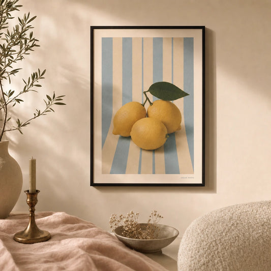 Coastal Grandmother Lemon Poster — Three lemons on blue stripes coastal grandmother aesthetic, lifestyle in interior, Atelier Poster