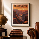 Grand Canyon Sunset Poster — WPA-style Grand Canyon sunset in layered red and orange, lifestyle in interior, Atelier Poster