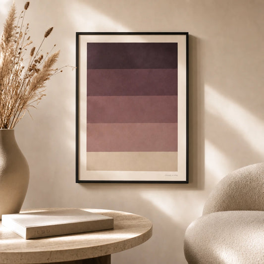 Plum Stripes Bone Poster — Five plum-toned horizontal bands gradient moody warm purple, lifestyle in interior, Atelier Poster