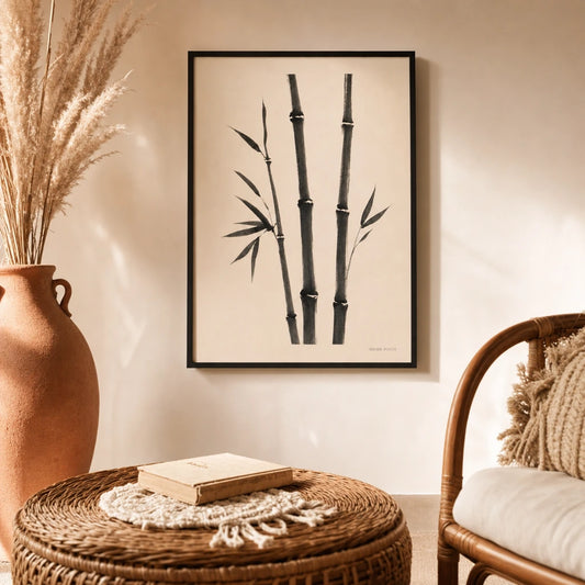 Sumi-e Bamboo Stalk Poster — Three sumi-e bamboo stalks in charcoal brushstrokes, lifestyle in interior, Atelier Poster