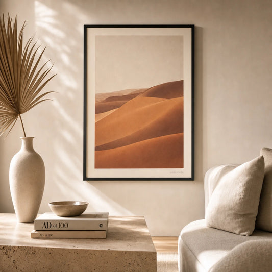 Oversized Sahara Dunes Poster — Oversized Sahara desert dunes warm ochre terracotta vast, lifestyle in interior, Atelier Poster