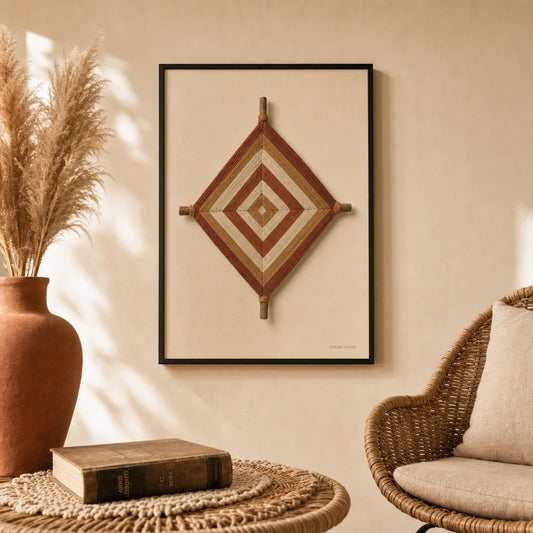 Ojo de Dios God's Eye Poster — Traditional Mexican ojo de dios woven folk art illustration, lifestyle in interior, Atelier Poster