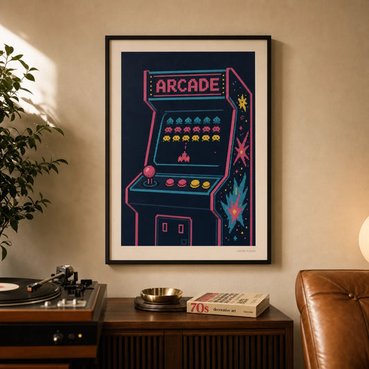 80s Arcade Game Poster — 1980s arcade game neon pink cyan yellow pixelated cabinet, lifestyle in interior, Atelier Poster
