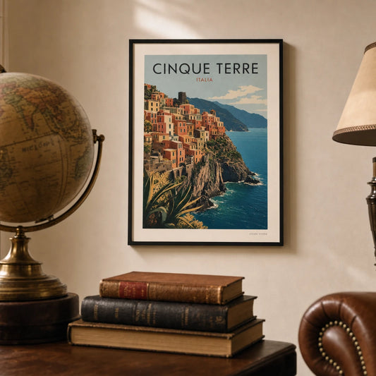 Italian Coastline Cinque Terre Poster — Mid-century Cinque Terre cliffside village in warm tones, lifestyle in interior, Atelier Poster