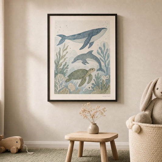 Ocean Creatures Trio Poster — Whale dolphin sea turtle in soft blue and sage tones, lifestyle in interior, Atelier Poster