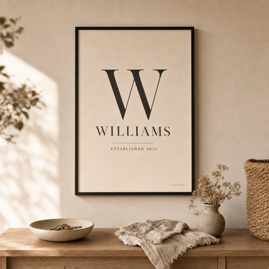 Family Name Established Poster — Personalized family name established year elegant serif, lifestyle in interior, Atelier Poster