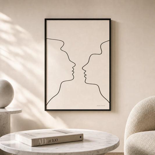 Two Faces Conversation Poster — Two stylized face profiles in continuous line dialogue, lifestyle in interior, Atelier Poster