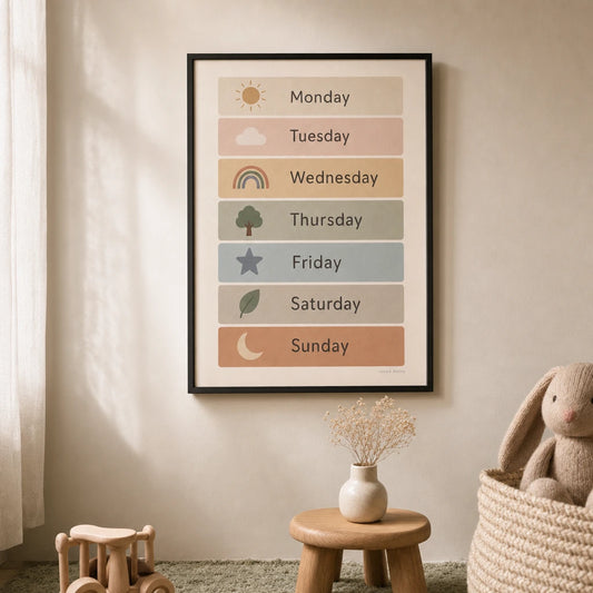 Days of the Week Poster — Seven days of week with icons in soft pastel tones, lifestyle in interior, Atelier Poster