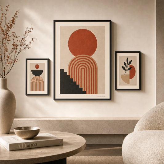 Statement Sun Flanking Set Gallery Poster — Statement terracotta sun with two flanking earth-tone set, lifestyle in interior, Atelier Poster