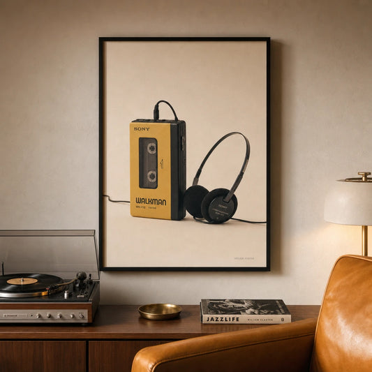 Vintage Walkman 90s Poster — Vintage 90s Sony Walkman yellow and black with headphones, lifestyle in interior, Atelier Poster