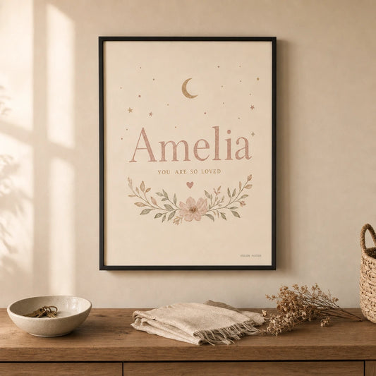 Baby Name Custom Pastel Poster — Personalized baby name soft pastel serif typography nursery, lifestyle in interior, Atelier Poster