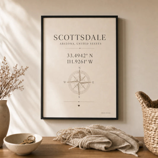 Baby Birth Coordinates Poster — Personalized baby birthplace coordinates serif typography, lifestyle in interior, Atelier Poster