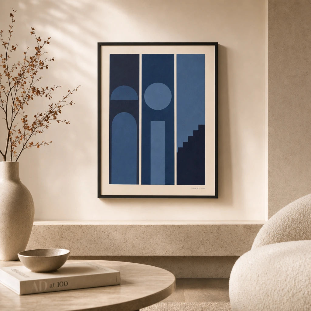 All Navy Tonal Three Gallery Poster — Three-print all-navy tonal moody graduated dark set, lifestyle in interior, Atelier Poster