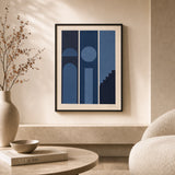 All Navy Tonal Three Gallery Poster — Three-print all-navy tonal moody graduated dark set, lifestyle in interior, Atelier Poster