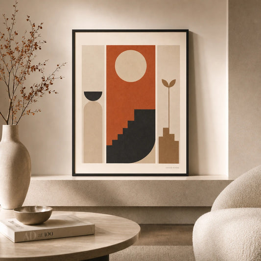 Statement Abstract Flanking Gallery Poster — Bold statement abstract with two flanking minimalist set, lifestyle in interior, Atelier Poster