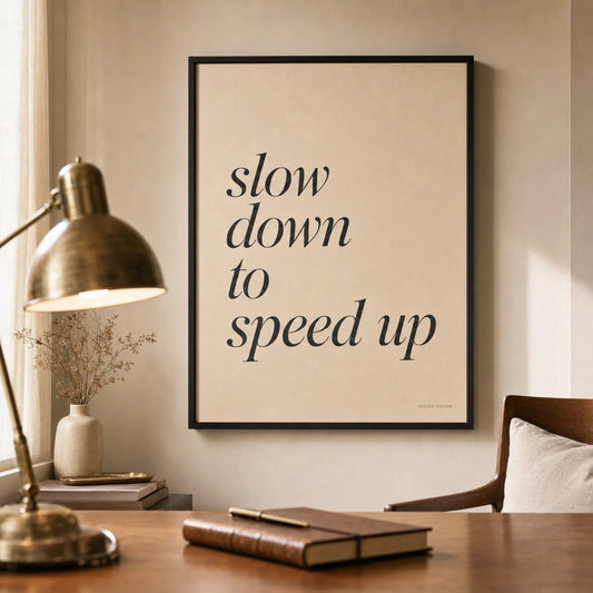 Slow Down To Speed Up Poster — Elegant serif italic 'slow down to speed up' paradox, lifestyle in interior, Atelier Poster