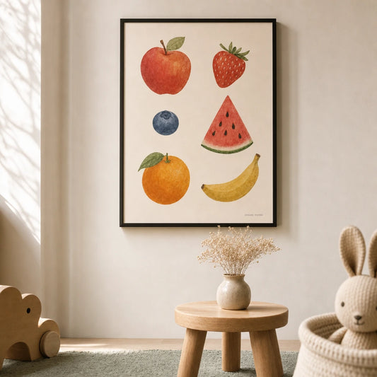 Garden Fruits Poster — Six garden fruits apple strawberry watermelon watercolor, lifestyle in interior, Atelier Poster