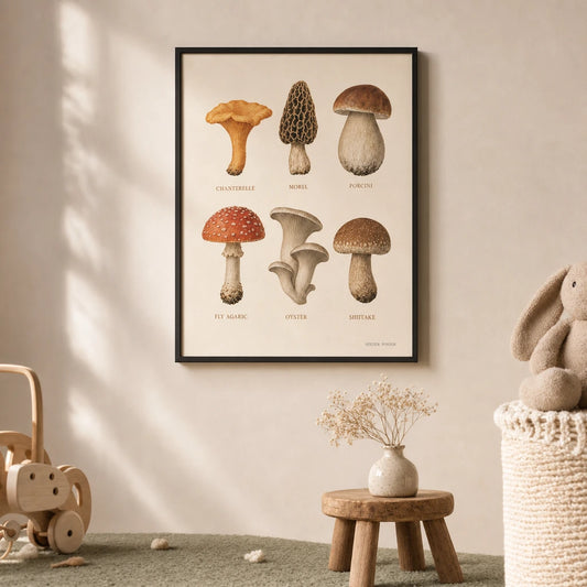 Forest Mushroom Identification Poster — Six labeled mushrooms chanterelle morel mycology illustration, lifestyle in interior, Atelier Poster