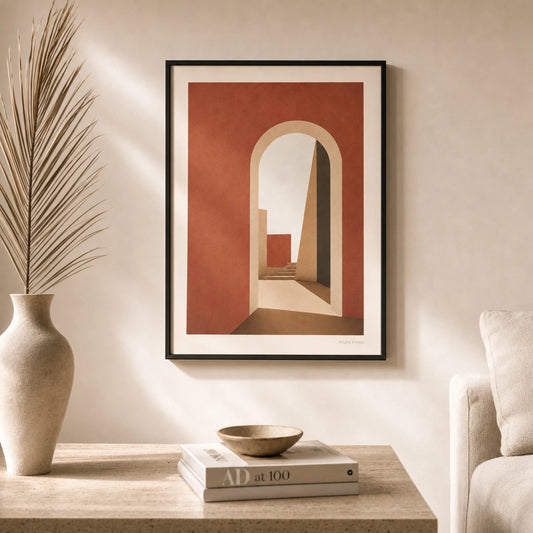 Oversized Doorway Vista Poster — Oversized doorway frame with implied vista warm tones, lifestyle in interior, Atelier Poster
