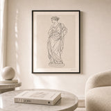 Modern Statue Silhouette Poster — Minimalist continuous-line classical draped statue silhouette in thin black, lifestyle in interior, Atelier Poster