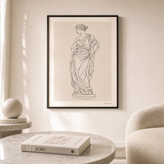 Modern Statue Silhouette Poster — Minimalist continuous-line classical draped statue silhouette in thin black, lifestyle in interior, Atelier Poster