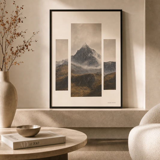 Statement Mountain Flanking Gallery Poster — Statement mountain landscape with two flanking horizon set, lifestyle in interior, Atelier Poster