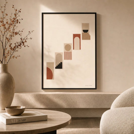 Stairwell Abstract Ascending Gallery Poster — Five abstract stairwell ascending earth-tones modern gallery, lifestyle in interior, Atelier Poster