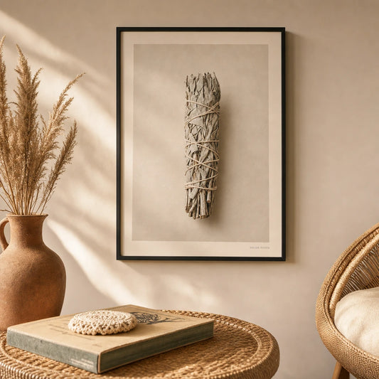 Sage Smudge Stick Poster — Single bundled white sage smudge stick tied with twine, lifestyle in interior, Atelier Poster