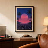 80s Synthwave Sunset Poster — 1980s synthwave neon pink cobalt grid sunset Miami Vice, lifestyle in interior, Atelier Poster