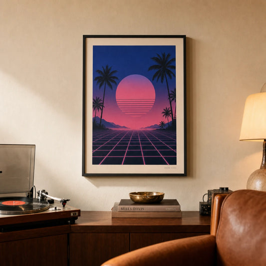 80s Synthwave Sunset Poster — 1980s synthwave neon pink cobalt grid sunset Miami Vice, lifestyle in interior, Atelier Poster