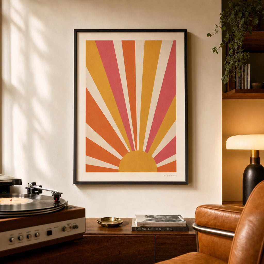 Psychedelic Sunburst 60s Poster — 1960s psychedelic sunburst rays orange magenta mustard, lifestyle in interior, Atelier Poster