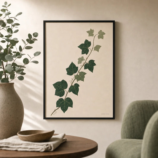 Ivy Climbing Cream Poster — Single ivy vine climbing diagonally in forest green sage, lifestyle in interior, Atelier Poster