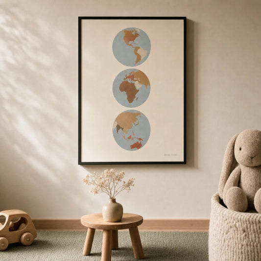 Continents Globe Trio Poster — Three globes showing continent groupings warm earth tones, lifestyle in interior, Atelier Poster