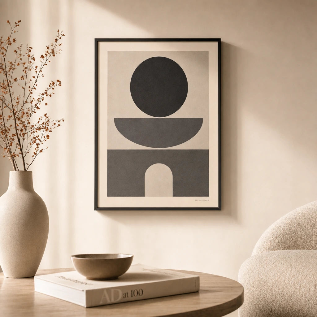 All Charcoal Tonal Three Gallery Poster — Three-print all-charcoal tonal sophisticated graduated dark, lifestyle in interior, Atelier Poster