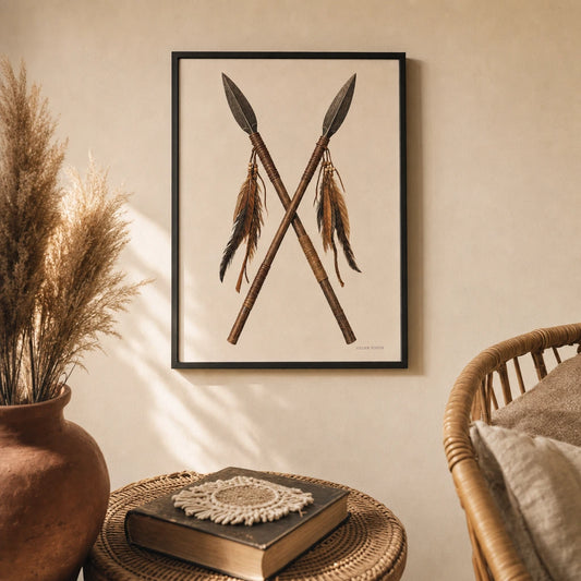 Tribal Spear Pair Poster — Two crossed tribal spears with leather and feathers, lifestyle in interior, Atelier Poster
