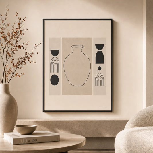Statement Vase Flanking Set Gallery Poster — Statement vase still-life line drawing with two flanking monochrome set, lifestyle in interior, Atelier Poster