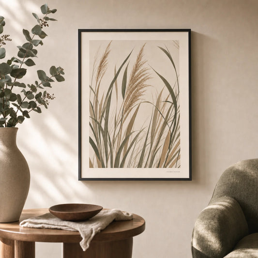 Coastal Sea Grass Poster — Tall coastal sea grass blades in sage and sand tones, lifestyle in interior, Atelier Poster