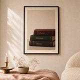 Dark Academia Books Poster — Three leather books burgundy forest green dark academia, lifestyle in interior, Atelier Poster
