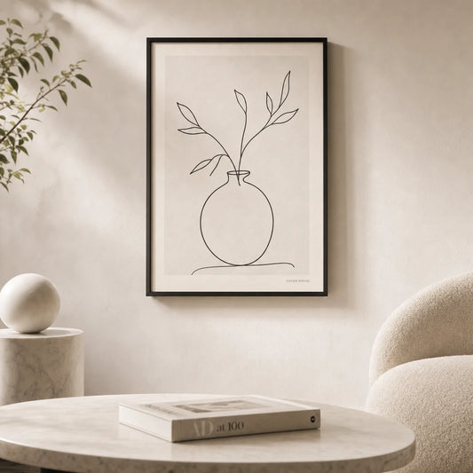 Vase Still Life Line Poster — Single-line vase with three branches in continuous black, lifestyle in interior, Atelier Poster