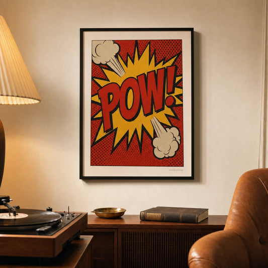 Comic Book Action 90s Poster — 1990s comic book panel POW action red yellow and black, lifestyle in interior, Atelier Poster