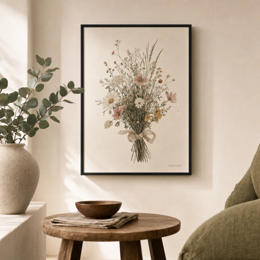Wildflower Bouquet Cream Poster — Loose meadow wildflower bouquet tied with linen ribbon, lifestyle in interior, Atelier Poster