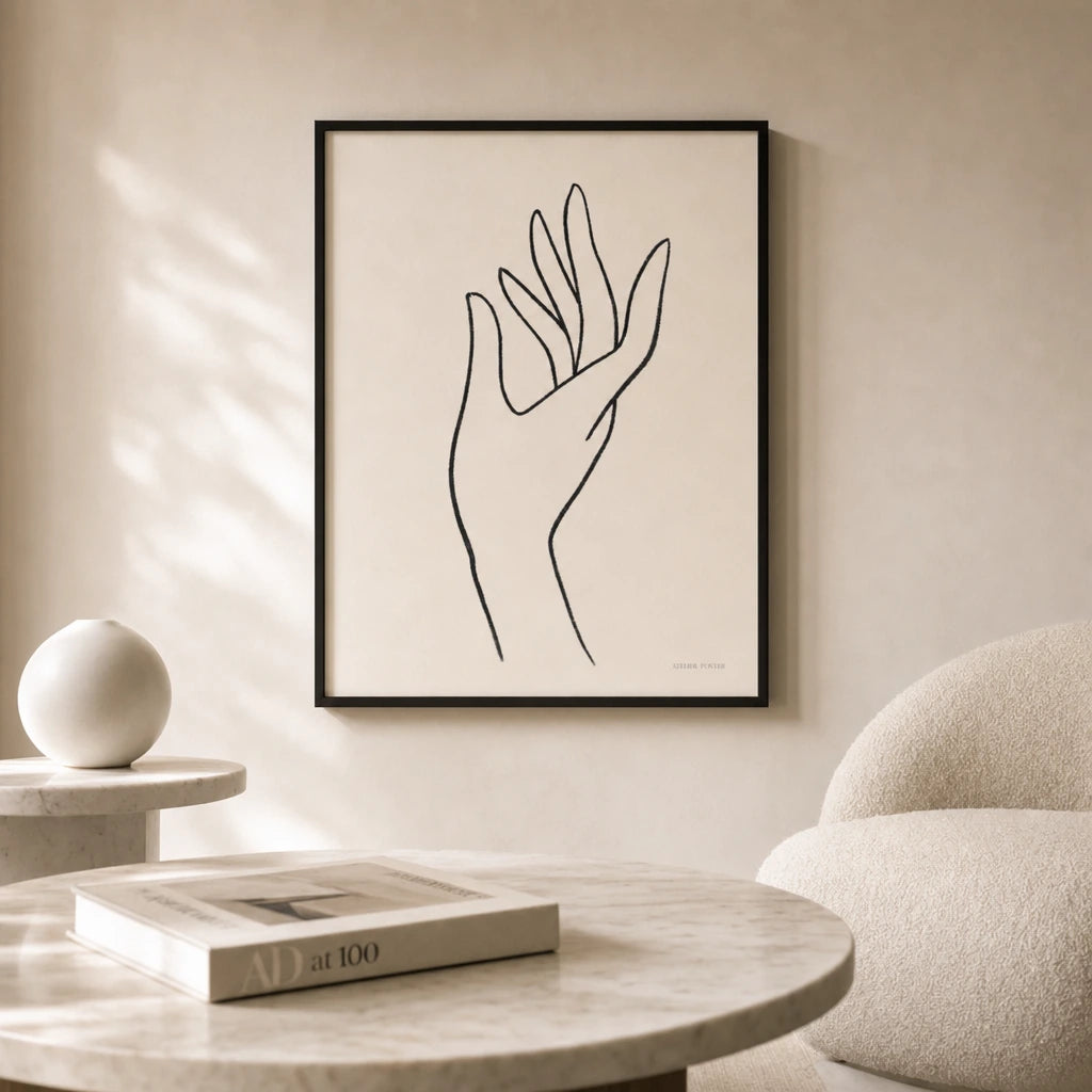 Single Hand Gesture Poster — Minimalist black line hand with extended fingers gesture, lifestyle in interior, Atelier Poster