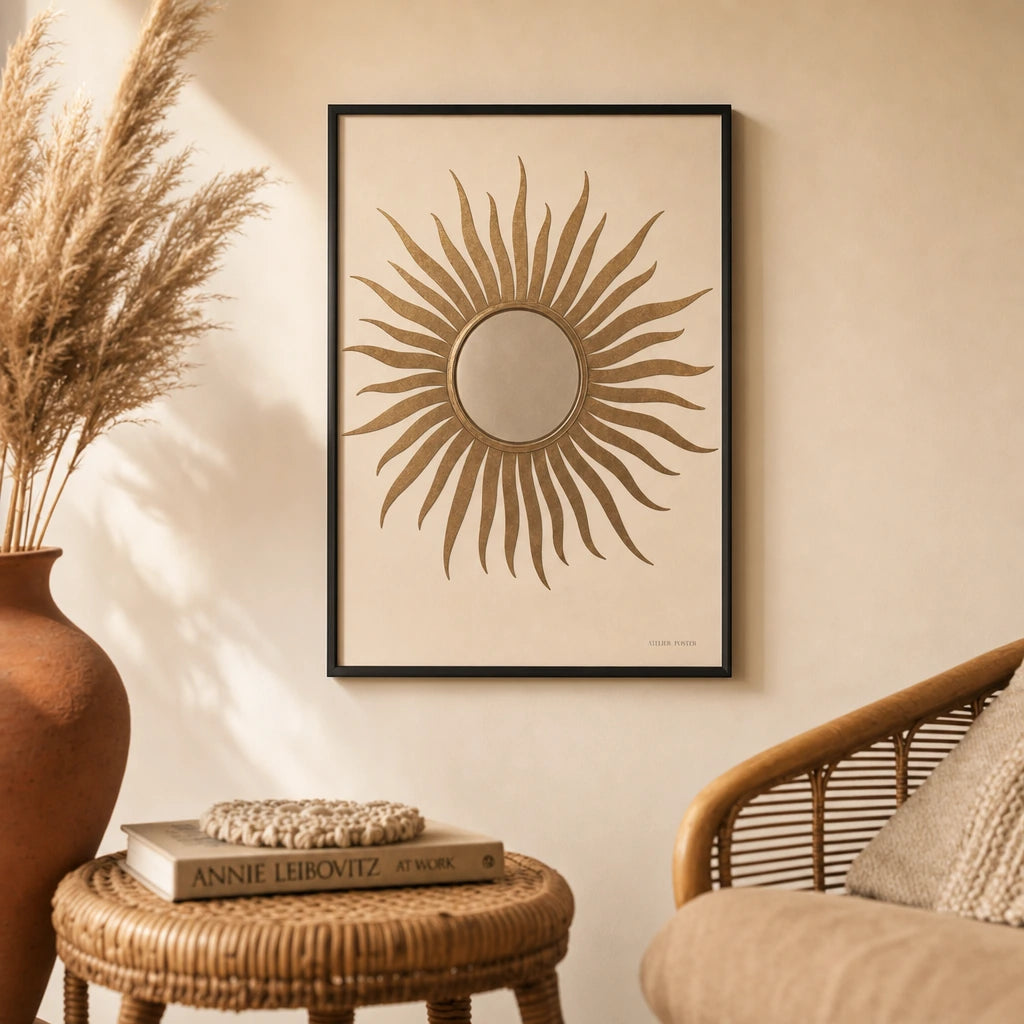 Bohemian Brass Sun Mirror Poster — Traditional brass sun mirror with radiating rays illustration, lifestyle in interior, Atelier Poster